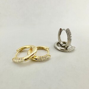 CZ Section Huggie Hoop Earrings, Sterling Silver