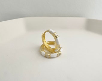 White Enamel and Gold Huggie Hoop Earrings