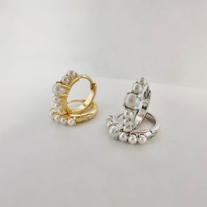 Pearl Line Huggie Hoop Earrings, Sterling Silver
