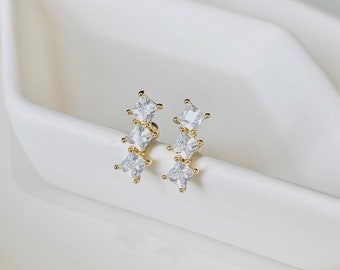 Triple Square Screw Back Stud Earrings, Sterling Silver