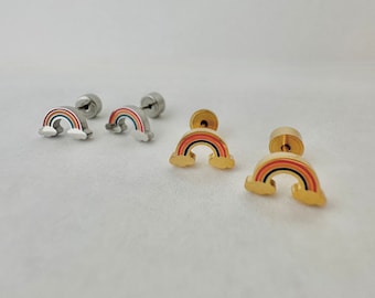 Rainbow Snap On Back Stud Earrings, Stainless Steel