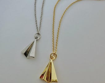Paper Airplane Necklace, 18k Gold or Rhodium Plated