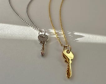 Dainty Key Necklace, 18k Gold or Rhodium Plated