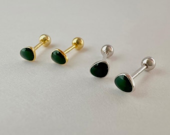 Green Enamel Screw Back Stud Earrings, Sterling Silver