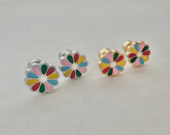 Rainbow Flower Snap On Back Stud Earrings, Stainless Steel