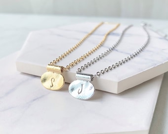 Hand Stamped Oval Tag Initial Necklace