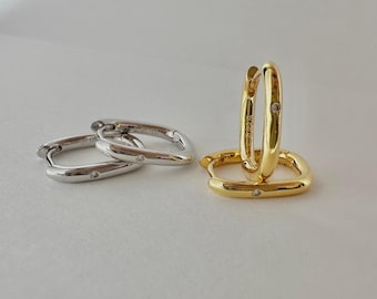 Oval CZ Huggie Hoop Earrings, Sterling Silver
