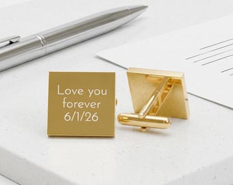 Engraved Square Cufflinks | Personalized Date & Message, Gold or Silver Tone