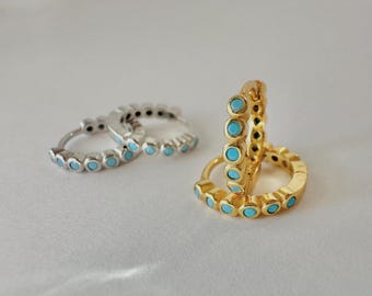 Turquoise Bezel Huggie Hoop Earrings, Sterling Silver