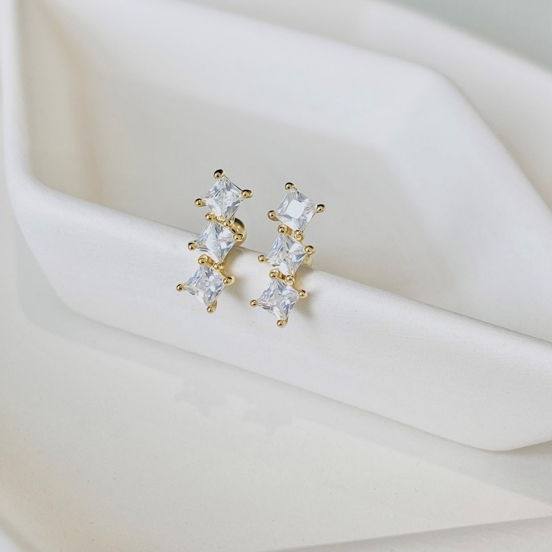 Triple Square Screw Back Stud Earrings, Sterling Silver Etsy