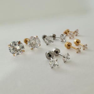 Solitaire CZ Screw Back Stud Earrings, Stainless Steel