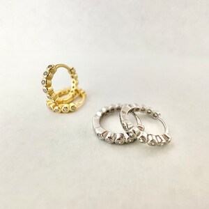 Bezel CZ Huggie Hoop Earrings, Sterling Silver