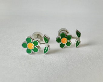 Green & Yellow Flower Snap On Back Stud Earrings, Stainless Steel