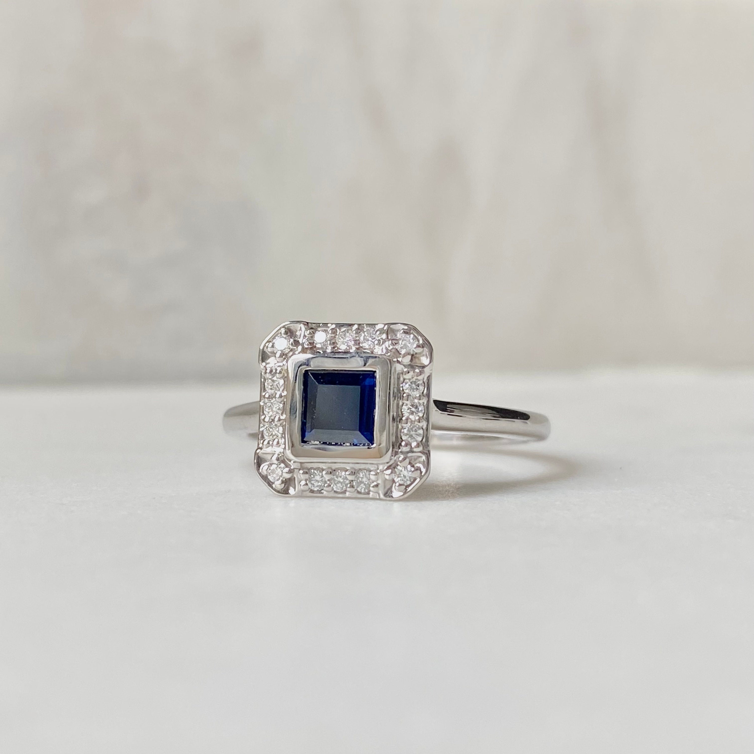 Art Deco Blue Sapphire Ring, 14k White Gold Sapphire Engagement Ring
