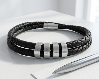 Engravable Braided Leather Bracelet with Stainless Steel Beads | Personalized Engraving Available