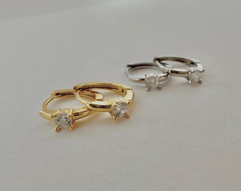 Solitaire Huggie Hoop Earrings, Sterling Silver