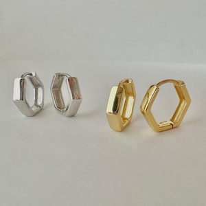 Hexagon Huggie Hoop Earrings, Sterling Silver