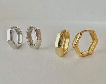 Hexagon Huggie Hoop Earrings, Sterling Silver