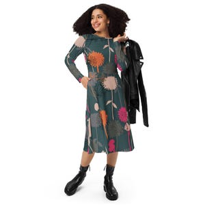 Long sleeve midi dress with pockets-floral