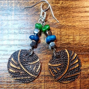 Boho Round Woodburned Earrings Green Onyx and Blue Lapis