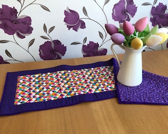Purple geometric quilted table runner. Spring Summer