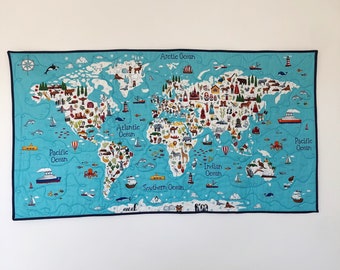 World map fabric wall hanging with adorable details. For kids nursery, bedroom, playmat