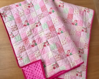 Handmade Pink Floral Patchwork Baby Quilt, Dimple Plush Backing