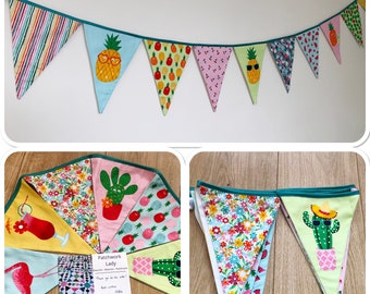 Yellow summer sunny fabric bunting. Garden party, kids birthday, flamingo cactus sunglasses. Spring Summer