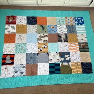 Bespoke Memory quilt keepsake blanket. Made from baby clothes. Boy girl toddler babygrow clothes.