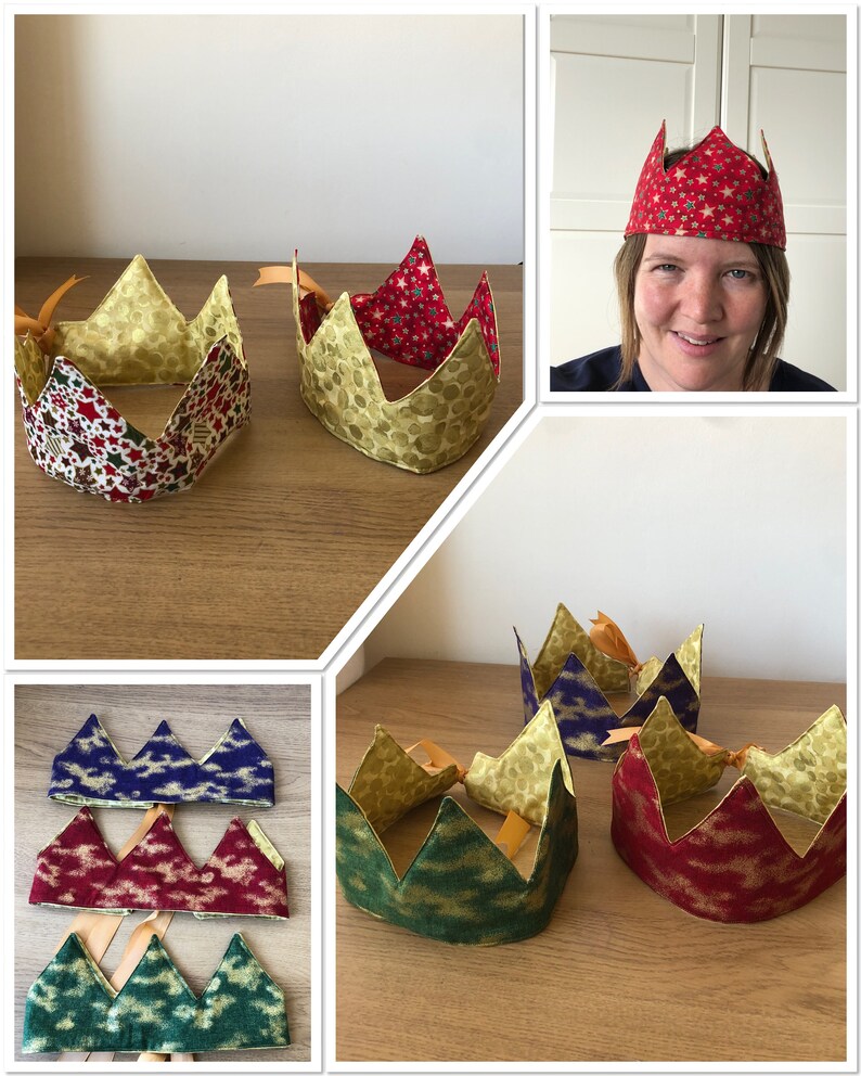 Set of 6 Christmas Fabric party hats crowns, reusable cracker hats, quilted crowns, paper party hats image 9