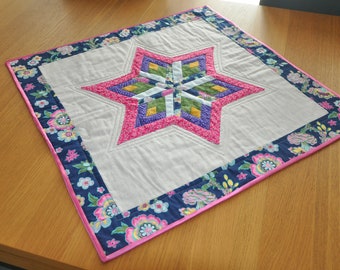 Patchwork Square quilted table topper mat with star. Mother's Day gift.  Spring Summer