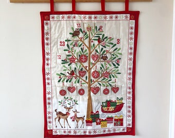 Metallic Christmas advent calendar with pockets. Deer Christmas tree presents. Reusable, from panel. RTS