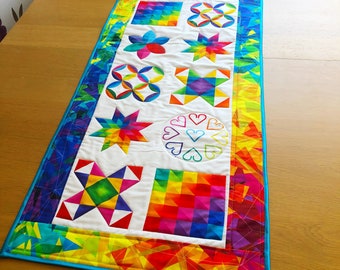 Rainbow quilted table runner, bright home decor NEW JUNE