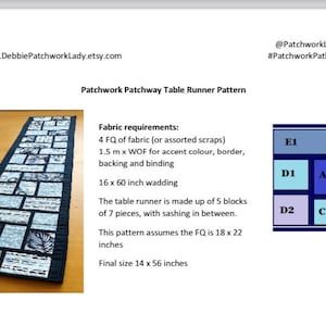 May include: A patchwork table runner pattern with a blue and white color scheme. The pattern is made up of 5 blocks of 7 pieces, with sashing in between. The finished size is 14 inches by 56 inches. The pattern requires 4 fat quarters of fabric, 1.5 meters of fabric for accent color, border, backing and binding, and 16 inches by 60 inches of wadding.