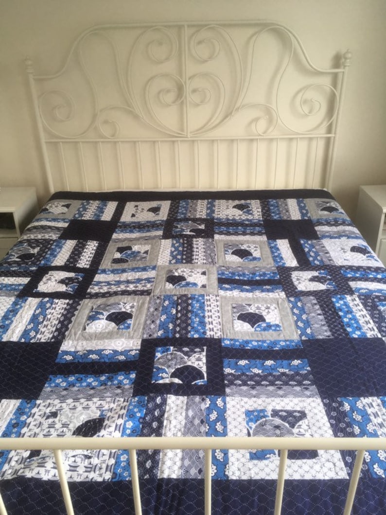Blue Patchwork quilted double bed quilt. Etsy