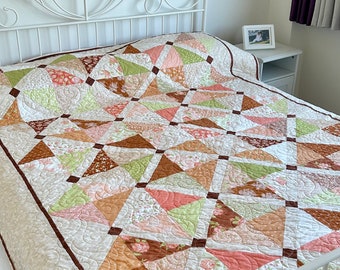 Patchwork Quilted double or king bed quilt blanket. Peach cream spring summer autumn