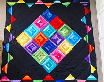 Rainbow scrappy diamonds large throw quilt with dimple plush backing