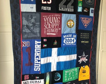 Bespoke T-shirt keepsake blanket quilt. Collate family your memories. Running shirts, t-shirts, favourite clothes.
