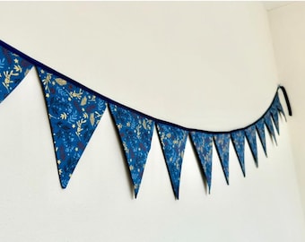 Blue gold Christmas fabric bunting on satin header tape. Choose your length, 2m, 3m