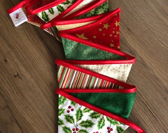 Christmas fabric bunting on satin header tape. Choose your length, 2m, 3m, 4m