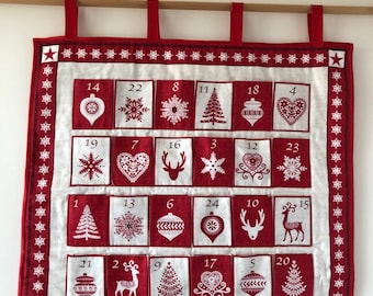 Modern Scandi Christmas advent calendar with pockets. Red, white, silver. Reusable, compact size, from panel.