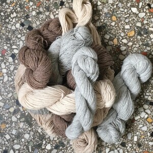 Puede incluir: Un mont&oacute;n de hilo en varios tonos de marr&oacute;n, beige y gris. El hilo est&aacute; dispuesto en un mont&oacute;n suelto y enredado.