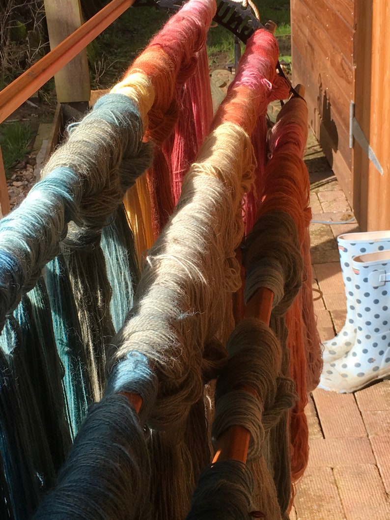 K&ouml;nnte beinhalten: Bunte Wollkn&auml;uel in Blau-, Gr&uuml;n-, Rosa- und Oranget&ouml;nen werden auf einem Holzgestell pr&auml;sentiert. Die Wolle ist in einem Farbverlauf angeordnet, wobei jedes Kn&auml;uel eine Mischung aus Farben zeigt. Ein Paar gepunktete Gummistiefel ist im Hintergrund zu sehen.