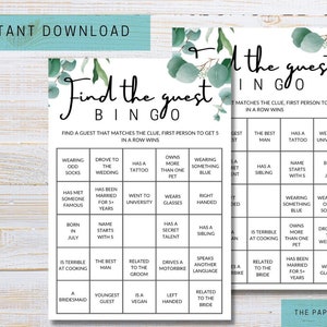 Encuentra al invitado Juego de bingo / Juego de boda de descarga digital / 10 tarjetas precargadas / Tarjeta en blanco adicional / Tema verde /