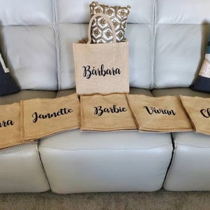Personalized Bridesmaid Burlap Tote Bags, Jute Monogram Beach Tote Bags, Bridesmaid Gift Bag With Name Scarf, Bachelorette Party Gift Bags