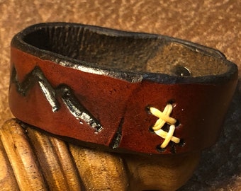 Antiqued mountain bracelet, traveler bracelet, unique leather bracelet, aged leather, mountain bracelet