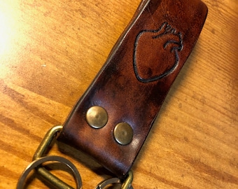 Large antiqued leather keychain with an embossed heart, perfect for Valentine's Day, keychain with a heart, antiqued leather keychain, antiqued leather