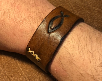 Leather antiqued fish bracelet, leather bracelet with fish symbol, aged adjustable bracelet