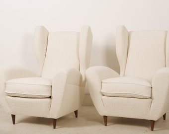 Lounge or Wingback Chairs in Cream Bouclé by Melchiorre Bega