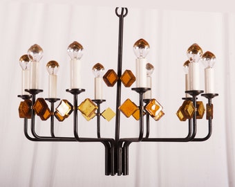 Scandinavian Glass & Iron Chandelier by Svend Aage Holm Sorensen